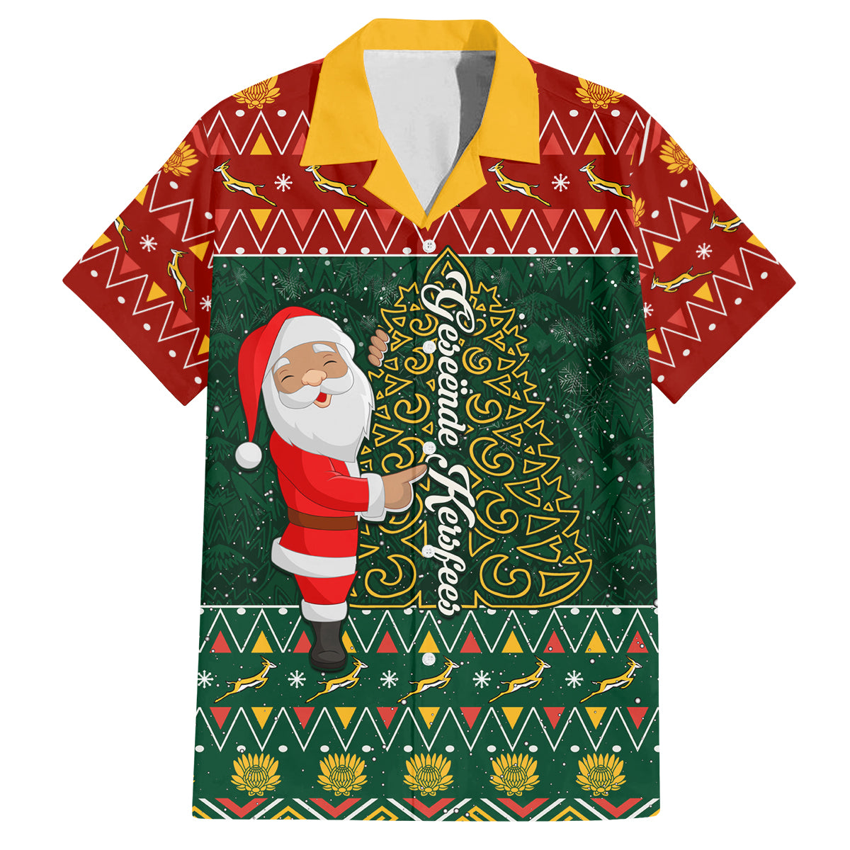 Custom South Africa Christmas Family Matching Off Shoulder Short Dress and Hawaiian Shirt Geseende Kersfees Santa Claus African Pattern - Wonder Print Shop