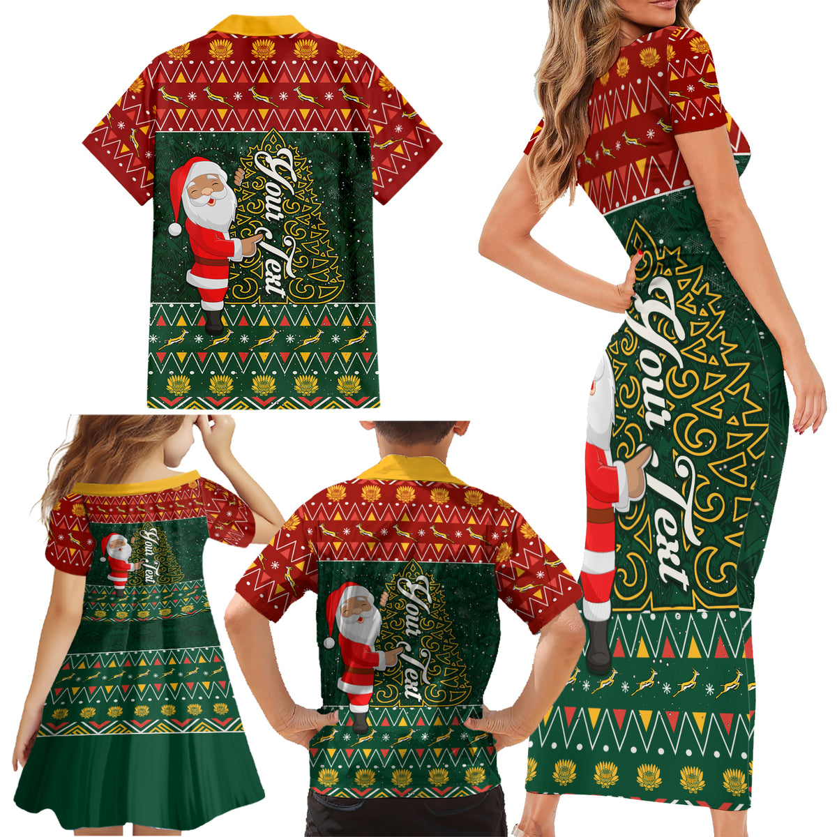 Custom South Africa Christmas Family Matching Short Sleeve Bodycon Dress and Hawaiian Shirt Geseende Kersfees Santa Claus African Pattern - Wonder Print Shop