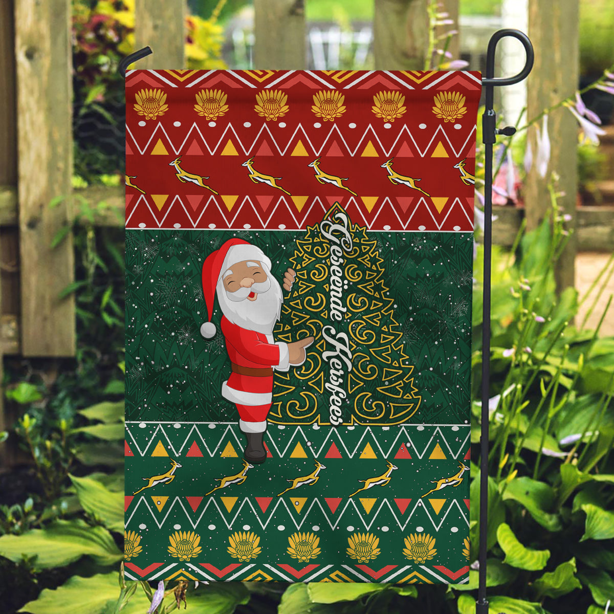 Custom South Africa Christmas Garden Flag Geseende Kersfees Santa Claus African Pattern - Wonder Print Shop