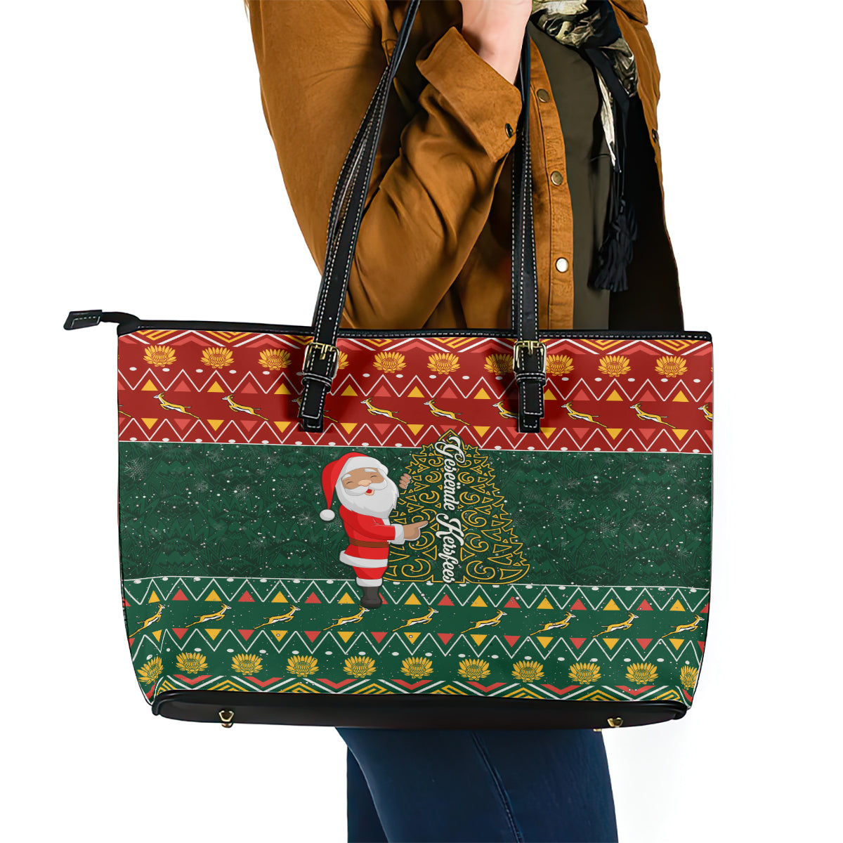 Custom South Africa Christmas Leather Tote Bag Geseende Kersfees Santa Claus African Pattern - Wonder Print Shop