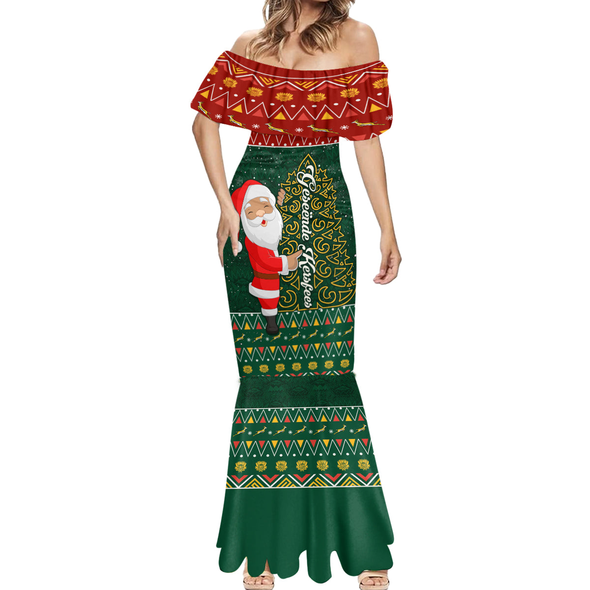Custom South Africa Christmas Mermaid Dress Geseende Kersfees Santa Claus African Pattern - Wonder Print Shop