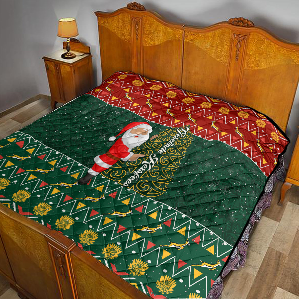 Custom South Africa Christmas Quilt Geseende Kersfees Santa Claus African Pattern - Wonder Print Shop