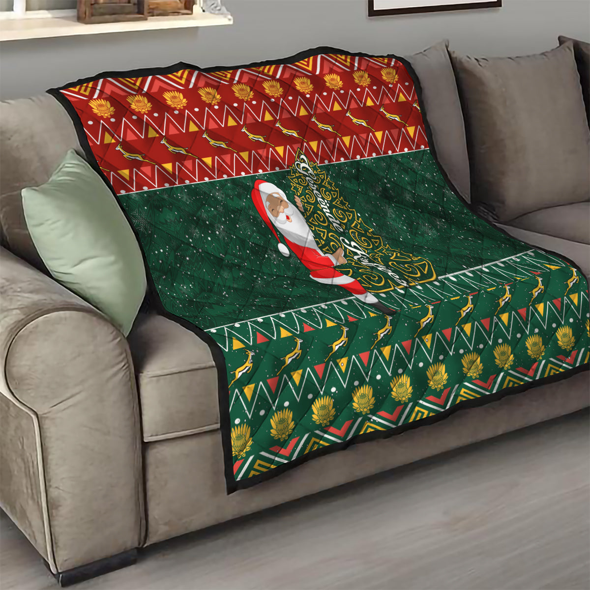 Custom South Africa Christmas Quilt Geseende Kersfees Santa Claus African Pattern - Wonder Print Shop