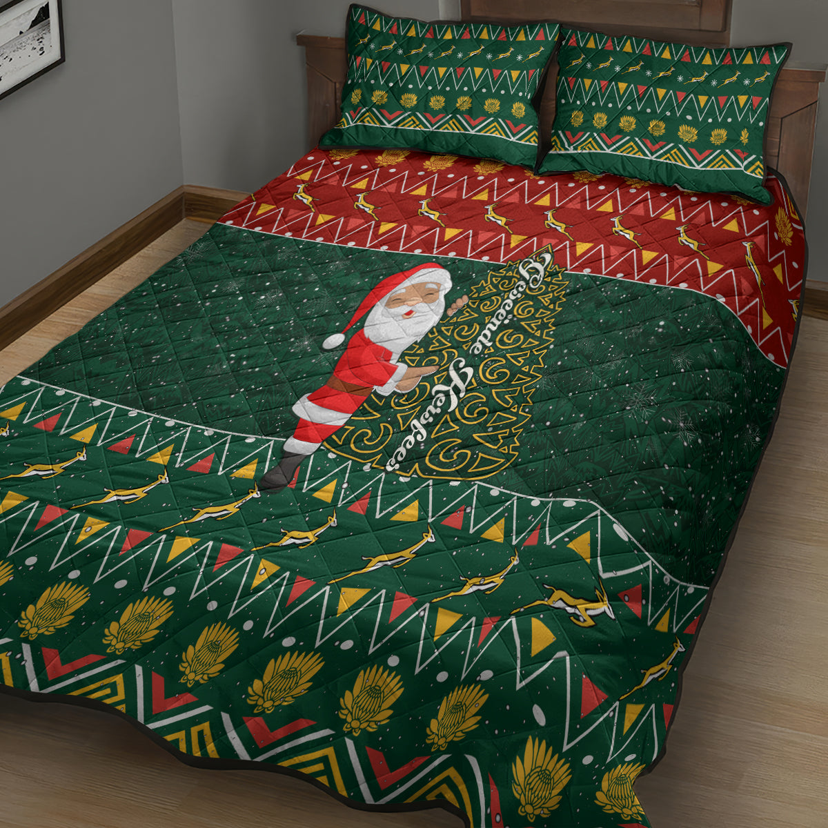 Custom South Africa Christmas Quilt Bed Set Geseende Kersfees Santa Claus African Pattern - Wonder Print Shop