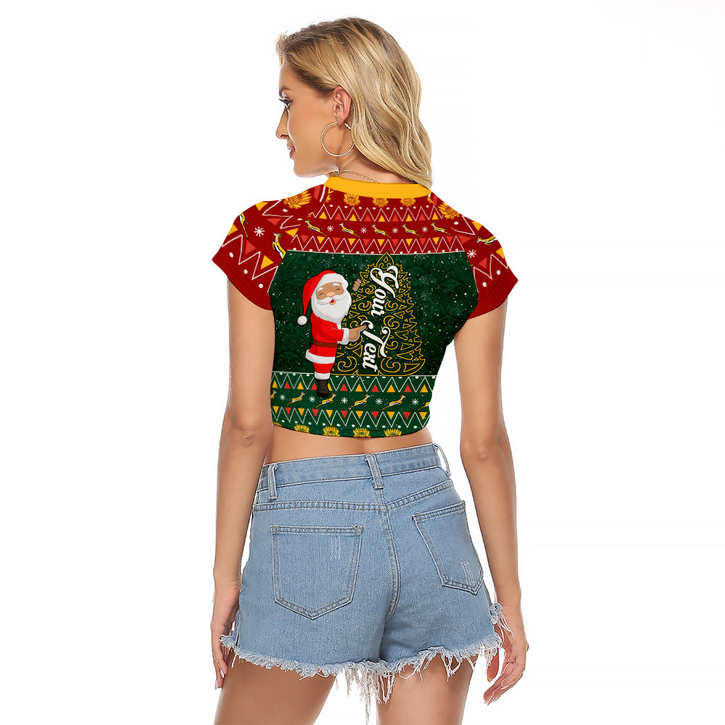 Custom South Africa Christmas Raglan Cropped T Shirt Geseende Kersfees Santa Claus African Pattern - Wonder Print Shop
