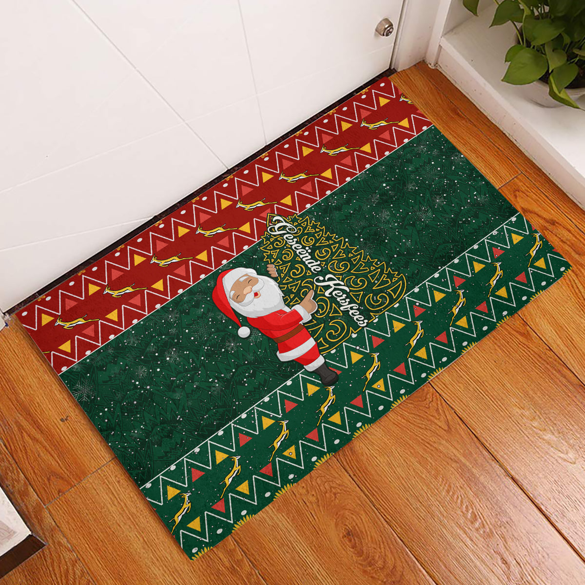 Custom South Africa Christmas Rubber Doormat Geseende Kersfees Santa Claus African Pattern - Wonder Print Shop