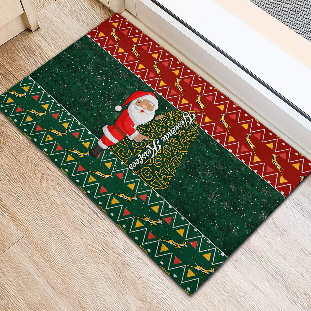 Custom South Africa Christmas Rubber Doormat Geseende Kersfees Santa Claus African Pattern - Wonder Print Shop