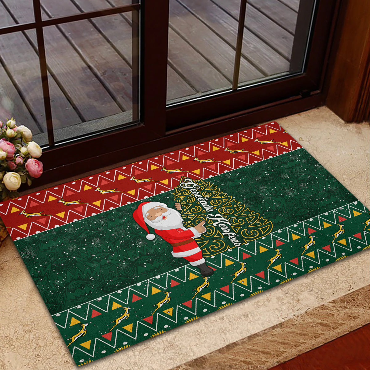 Custom South Africa Christmas Rubber Doormat Geseende Kersfees Santa Claus African Pattern - Wonder Print Shop