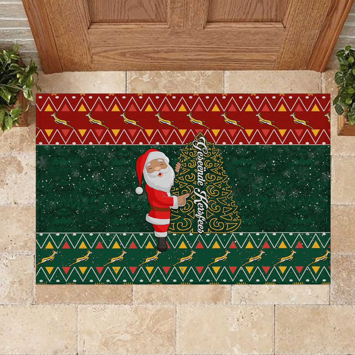 Custom South Africa Christmas Rubber Doormat Geseende Kersfees Santa Claus African Pattern - Wonder Print Shop