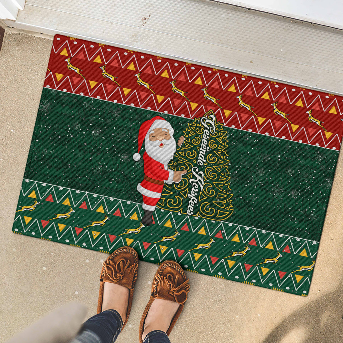Custom South Africa Christmas Rubber Doormat Geseende Kersfees Santa Claus African Pattern - Wonder Print Shop