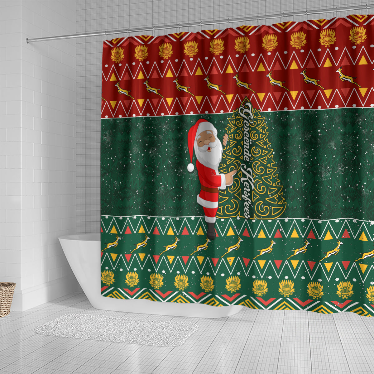 custom-south-africa-christmas-shower-curtain-geseende-kersfees-santa-claus-african-pattern