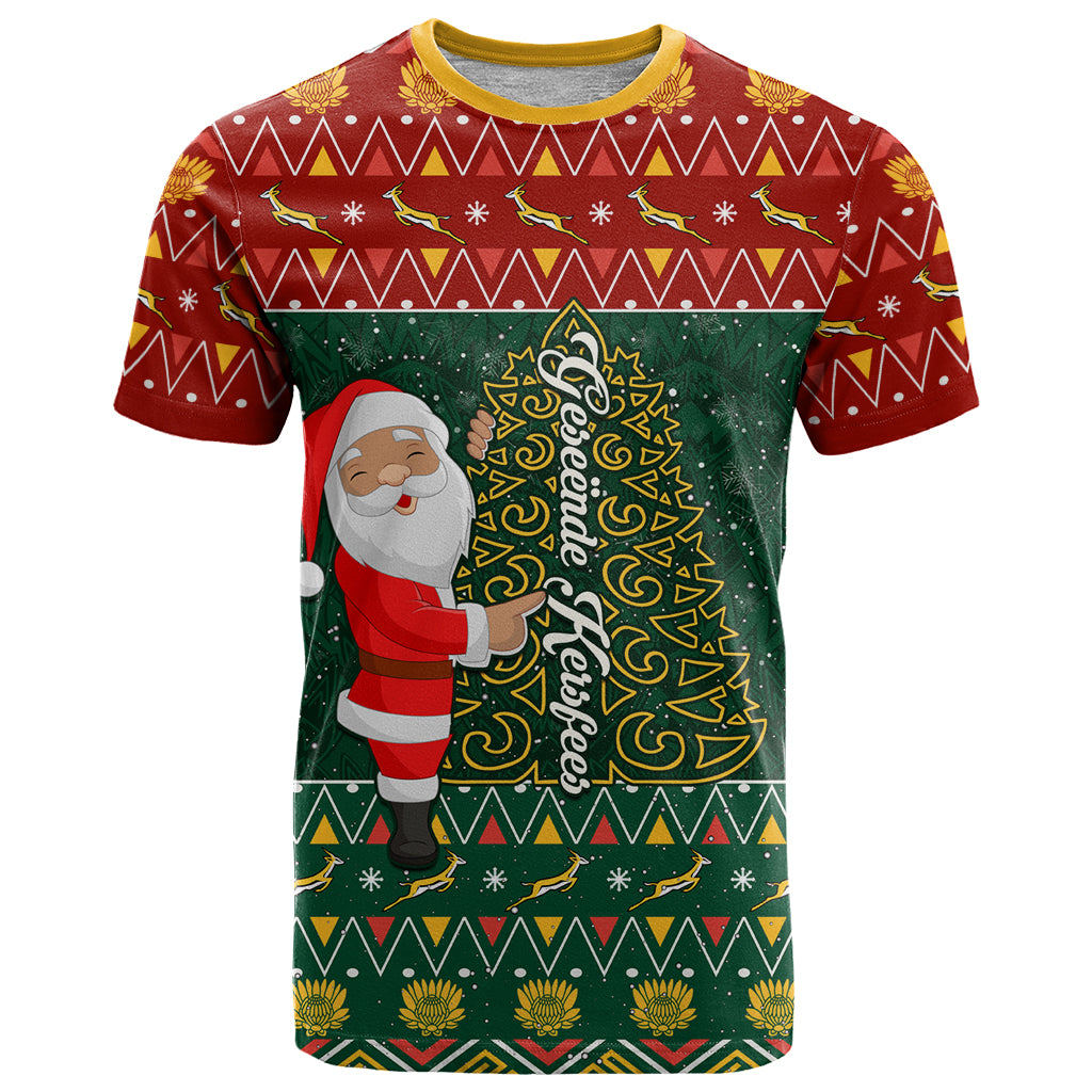 Custom South Africa Christmas T Shirt Geseende Kersfees Santa Claus African Pattern - Wonder Print Shop