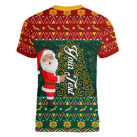 Custom South Africa Christmas Women V Neck T Shirt Geseende Kersfees Santa Claus African Pattern - Wonder Print Shop
