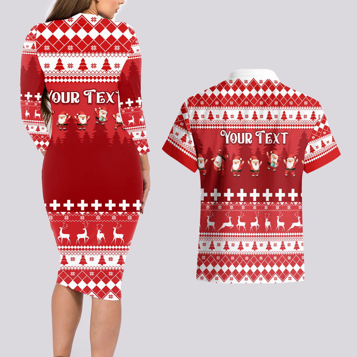 Custom Switzerland Christmas Couples Matching Long Sleeve Bodycon Dress and Hawaiian Shirt Merry Christmas Funny Santa Claus - Wonder Print Shop