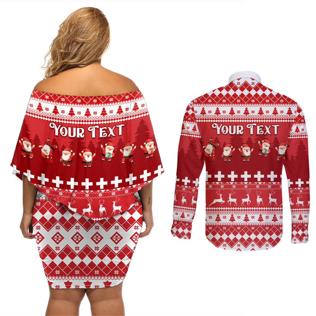 Custom Switzerland Christmas Couples Matching Off Shoulder Short Dress and Long Sleeve Button Shirt Merry Christmas Funny Santa Claus - Wonder Print Shop