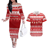 Custom Switzerland Christmas Couples Matching Off The Shoulder Long Sleeve Dress and Hawaiian Shirt Merry Christmas Funny Santa Claus - Wonder Print Shop