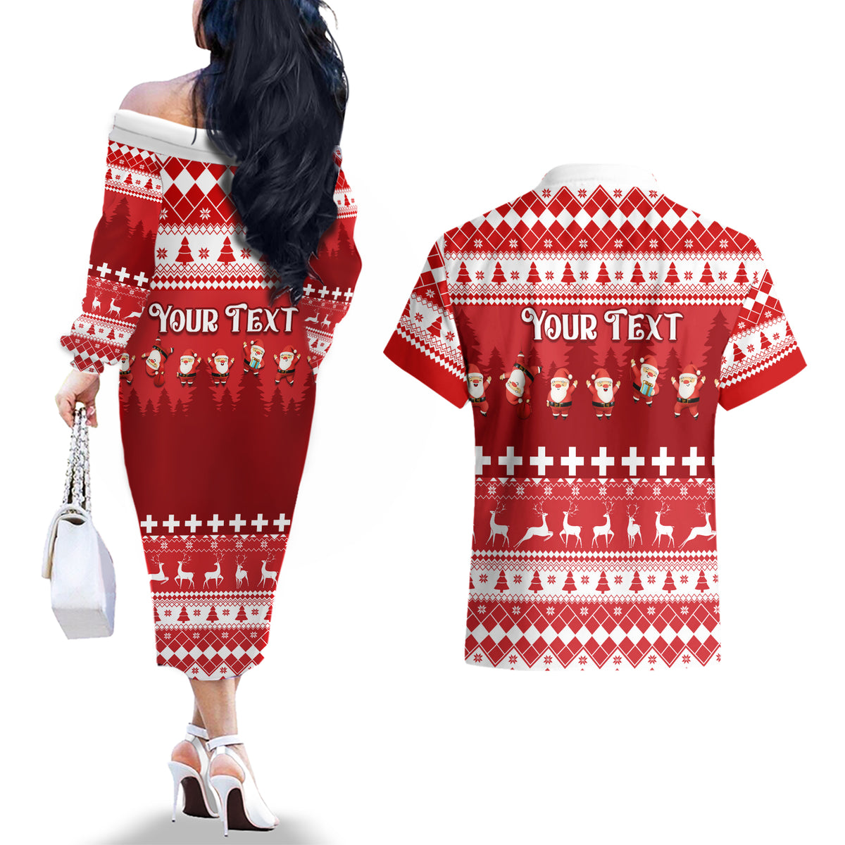 Custom Switzerland Christmas Couples Matching Off The Shoulder Long Sleeve Dress and Hawaiian Shirt Merry Christmas Funny Santa Claus - Wonder Print Shop