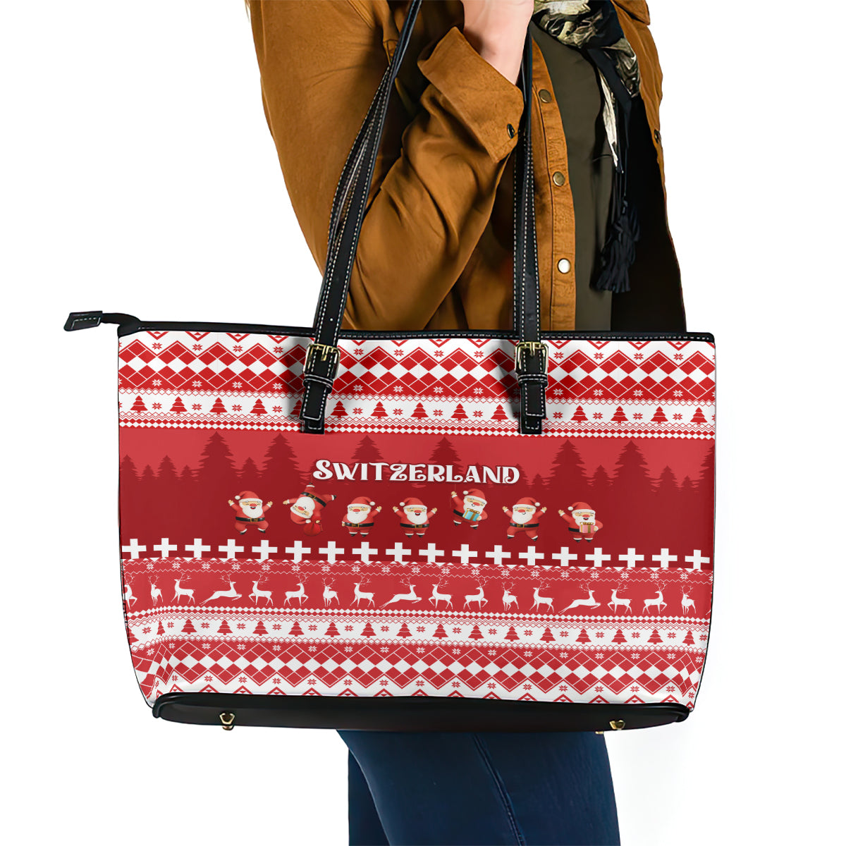 Custom Switzerland Christmas Leather Tote Bag Merry Christmas Funny Santa Claus - Wonder Print Shop