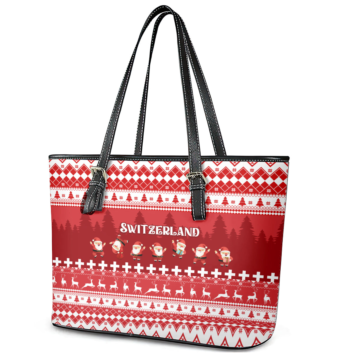 Custom Switzerland Christmas Leather Tote Bag Merry Christmas Funny Santa Claus - Wonder Print Shop