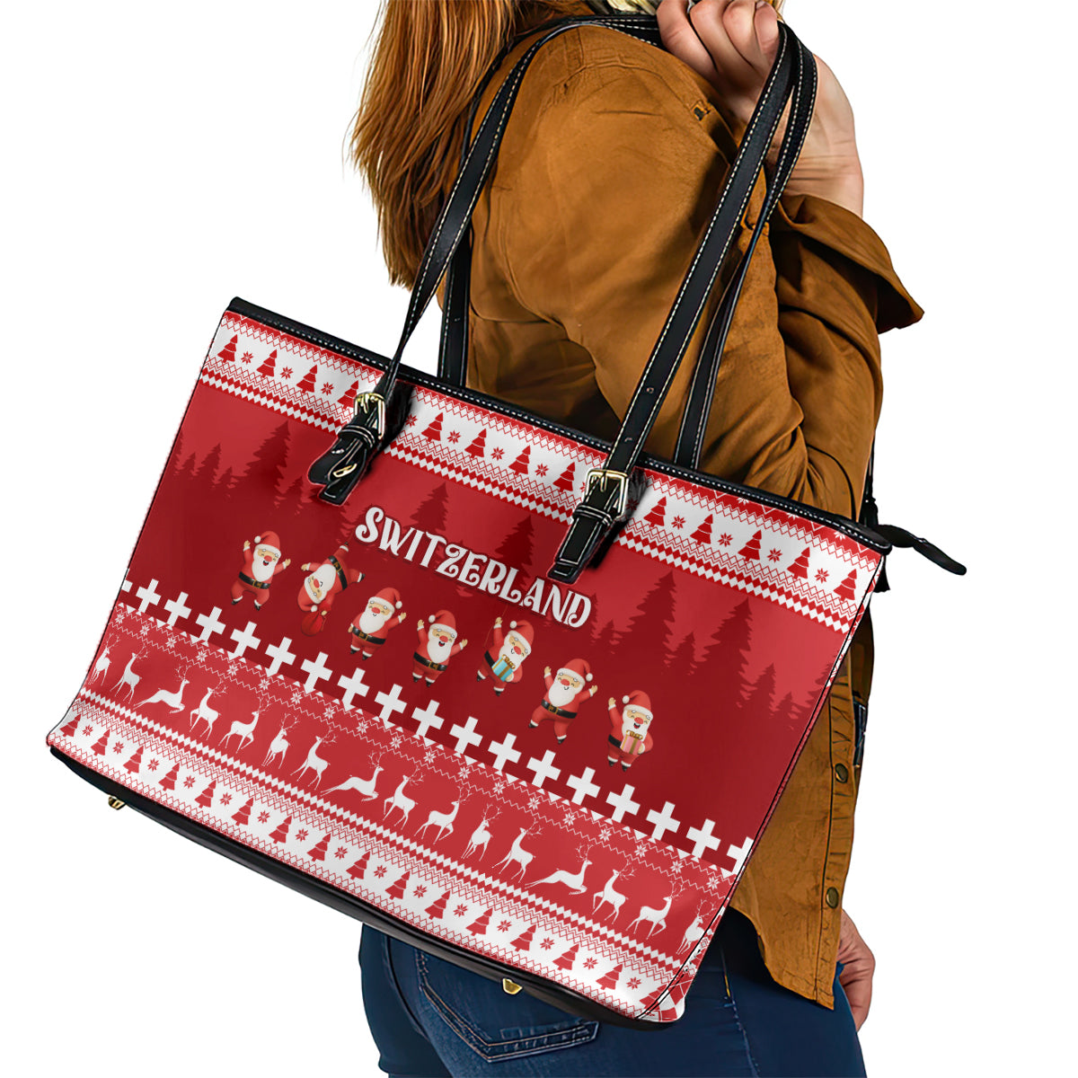 Custom Switzerland Christmas Leather Tote Bag Merry Christmas Funny Santa Claus - Wonder Print Shop