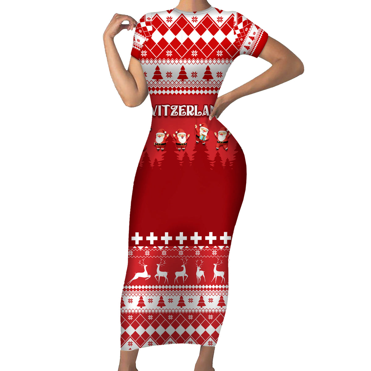 Custom Switzerland Christmas Short Sleeve Bodycon Dress Merry Christmas Funny Santa Claus - Wonder Print Shop