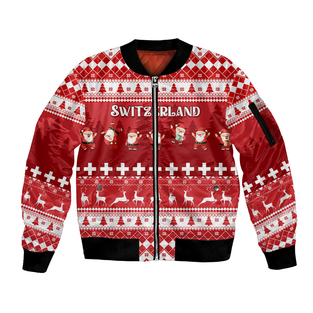 Custom Switzerland Christmas Sleeve Zip Bomber Jacket Merry Christmas Funny Santa Claus - Wonder Print Shop