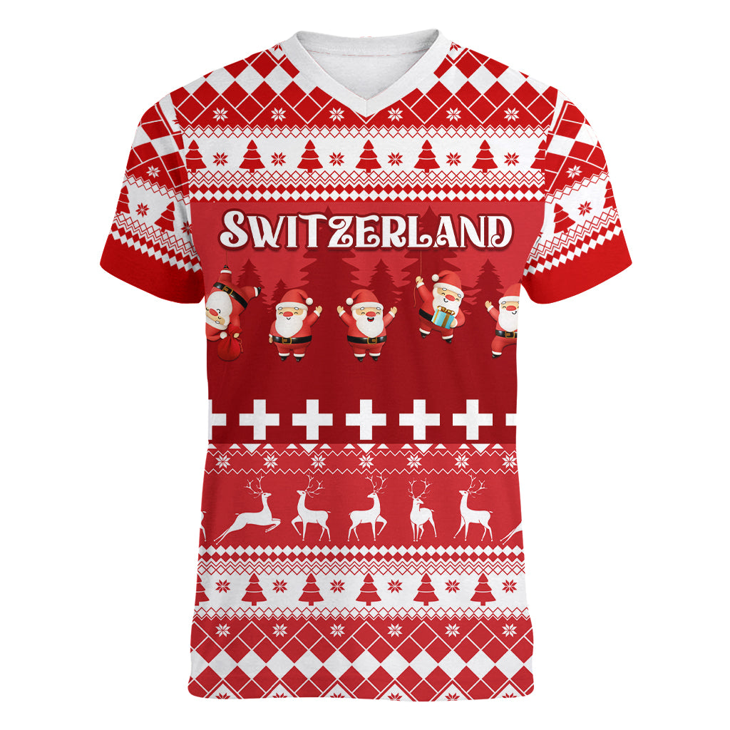 Custom Switzerland Christmas Women V Neck T Shirt Merry Christmas Funny Santa Claus - Wonder Print Shop