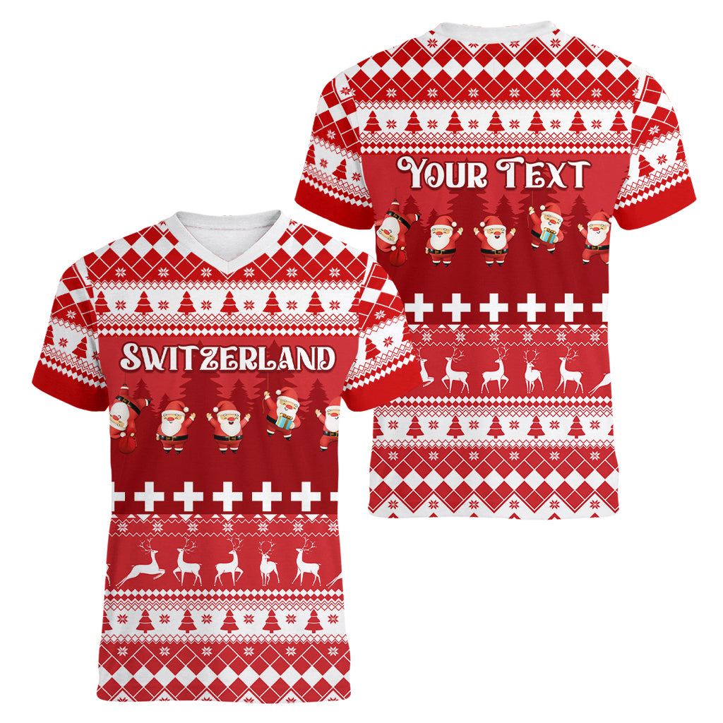Custom Switzerland Christmas Women V Neck T Shirt Merry Christmas Funny Santa Claus - Wonder Print Shop