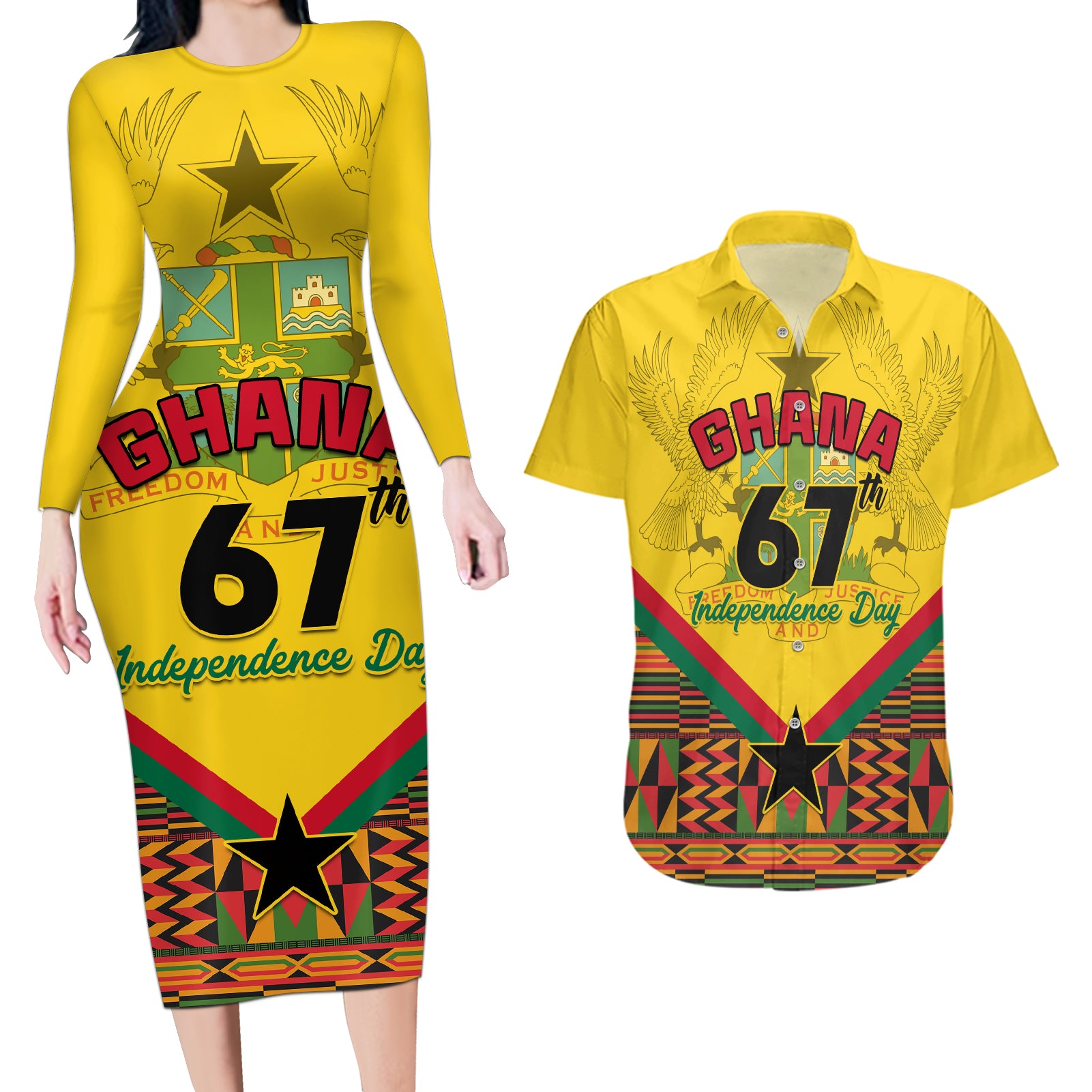 Ghana Independence Day Couples Matching Long Sleeve Bodycon Dress and Hawaiian Shirt Freedom and Justice African Pattern - Wonder Print Shop