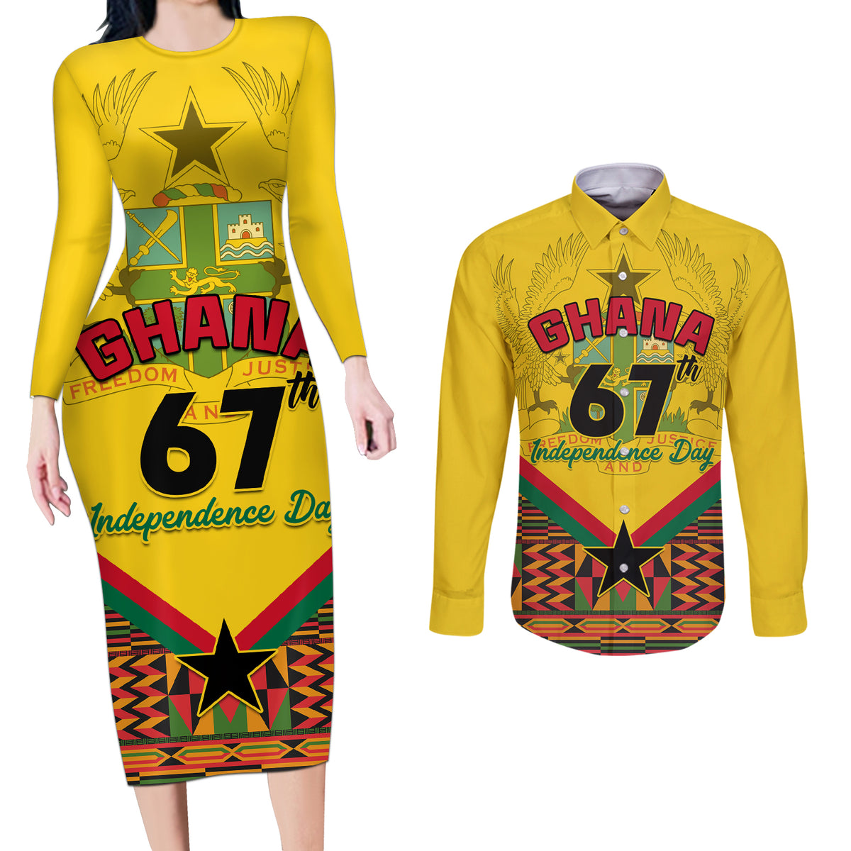 Ghana Independence Day Couples Matching Long Sleeve Bodycon Dress and Long Sleeve Button Shirt Freedom and Justice African Pattern - Wonder Print Shop