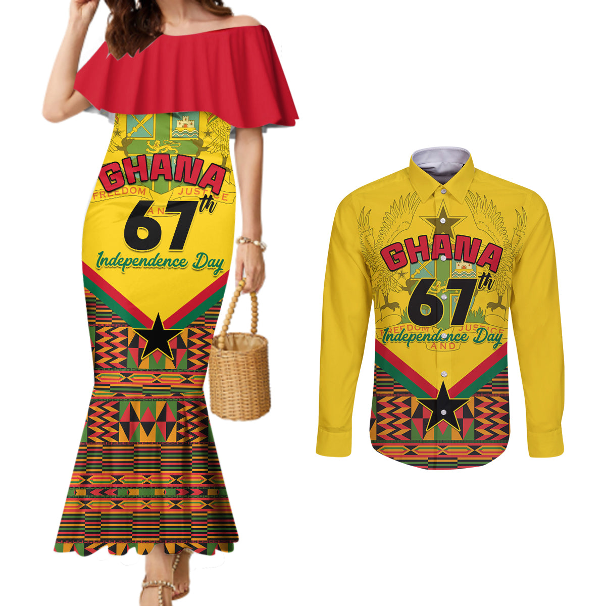 Ghana Independence Day Couples Matching Mermaid Dress and Long Sleeve Button Shirt Freedom and Justice African Pattern