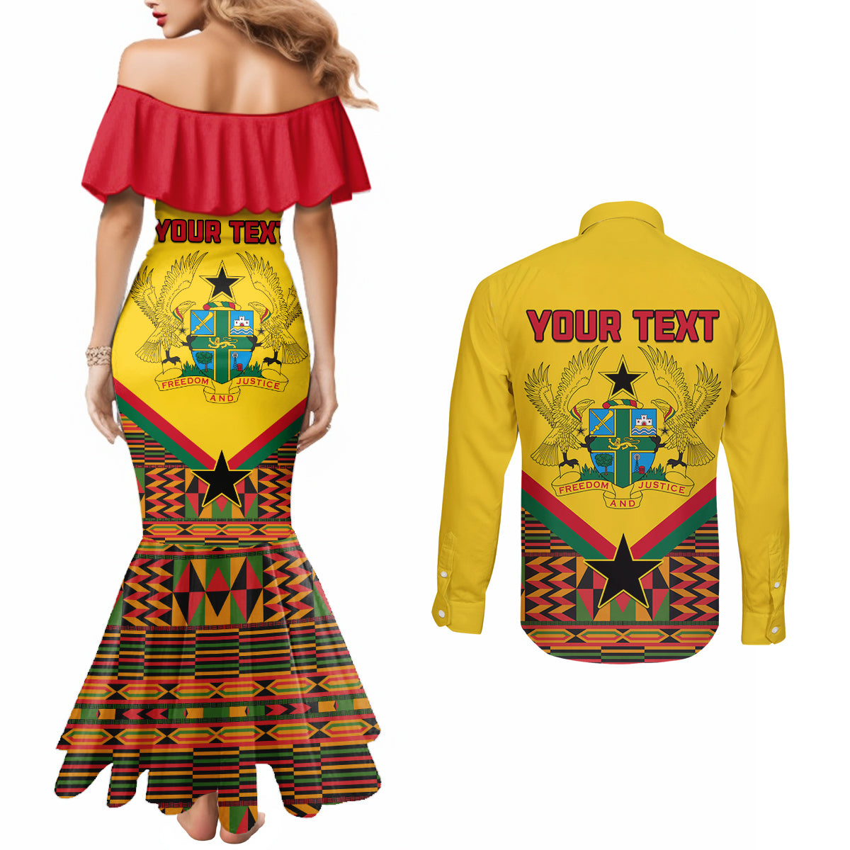 Ghana Independence Day Couples Matching Mermaid Dress and Long Sleeve Button Shirt Freedom and Justice African Pattern