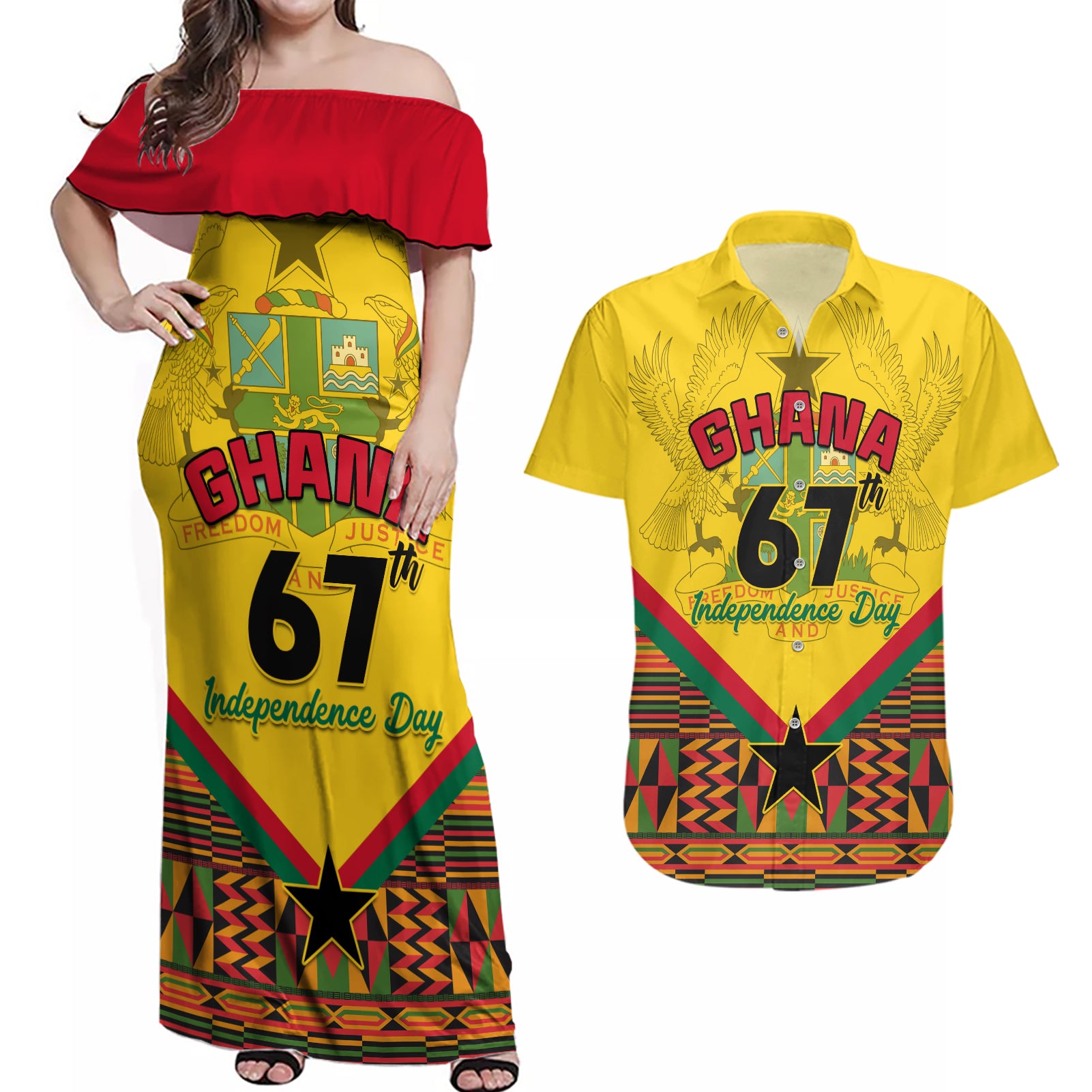 Ghana Independence Day Couples Matching Off Shoulder Maxi Dress and Hawaiian Shirt Freedom and Justice African Pattern