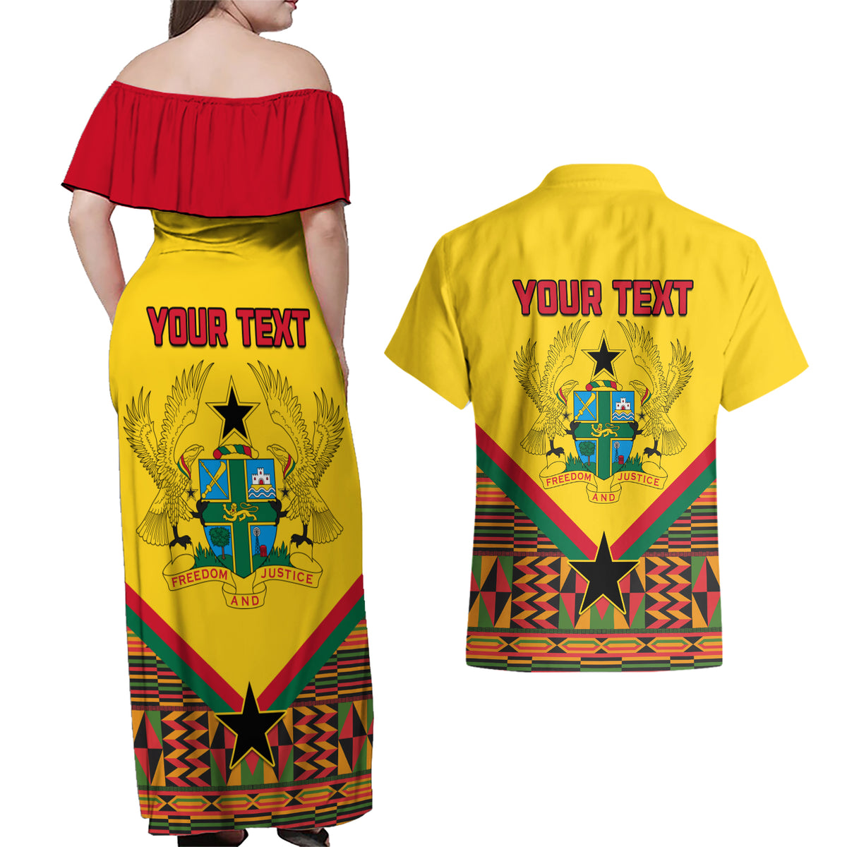 Ghana Independence Day Couples Matching Off Shoulder Maxi Dress and Hawaiian Shirt Freedom and Justice African Pattern - Wonder Print Shop