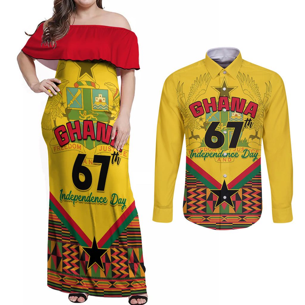 Ghana Independence Day Couples Matching Off Shoulder Maxi Dress and Long Sleeve Button Shirt Freedom and Justice African Pattern - Wonder Print Shop