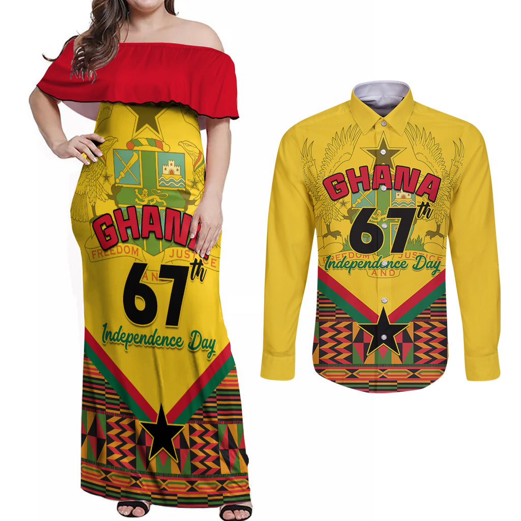 Ghana Independence Day Couples Matching Off Shoulder Maxi Dress and Long Sleeve Button Shirt Freedom and Justice African Pattern