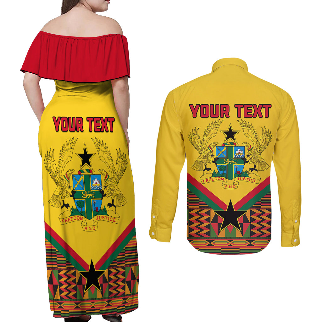 Ghana Independence Day Couples Matching Off Shoulder Maxi Dress and Long Sleeve Button Shirt Freedom and Justice African Pattern - Wonder Print Shop