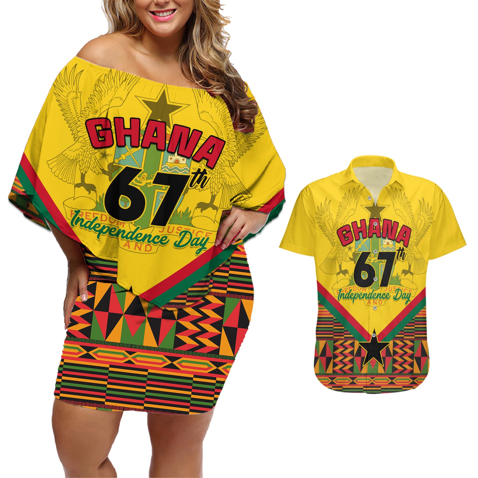 Ghana Independence Day Couples Matching Off Shoulder Short Dress and Hawaiian Shirt Freedom and Justice African Pattern