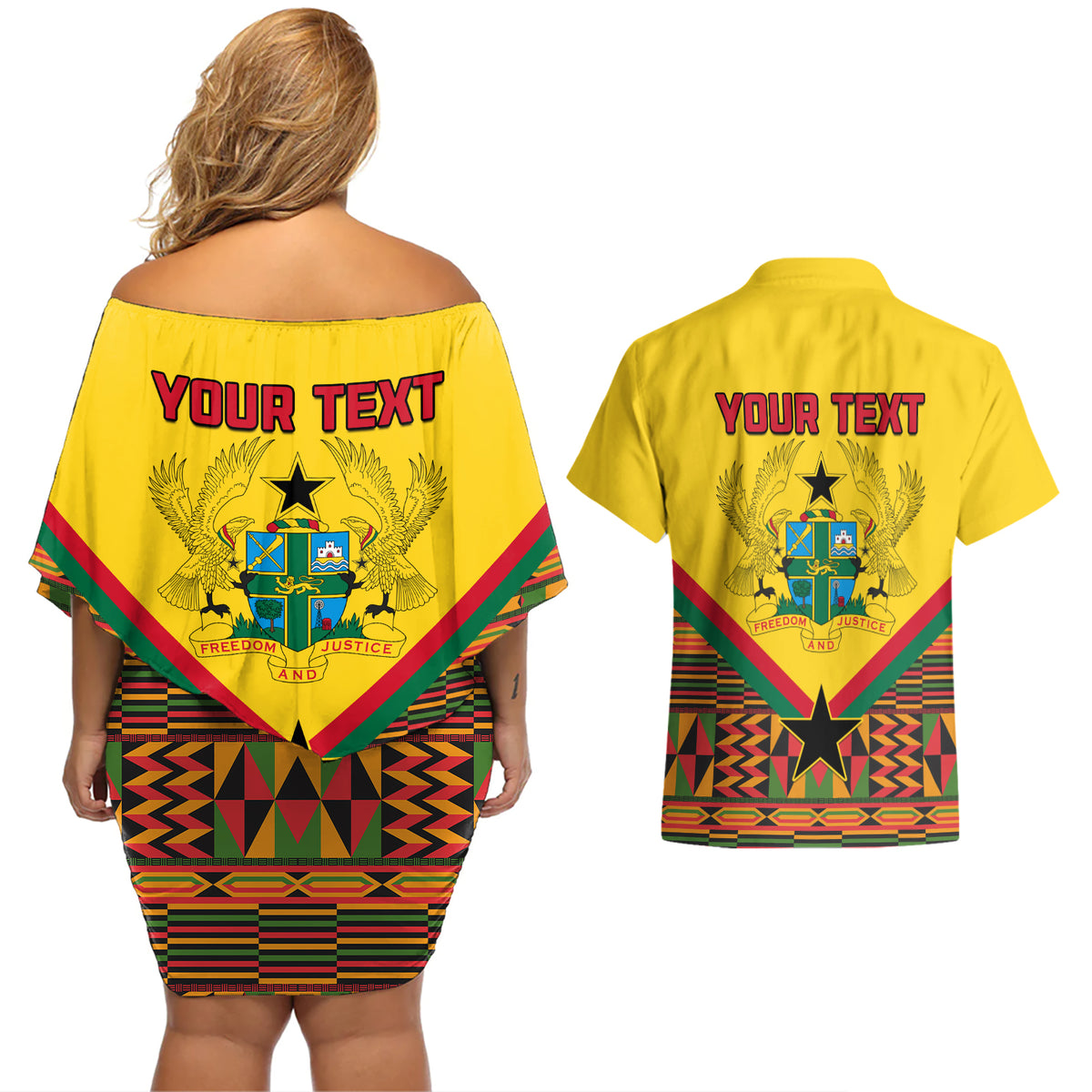 Ghana Independence Day Couples Matching Off Shoulder Short Dress and Hawaiian Shirt Freedom and Justice African Pattern - Wonder Print Shop