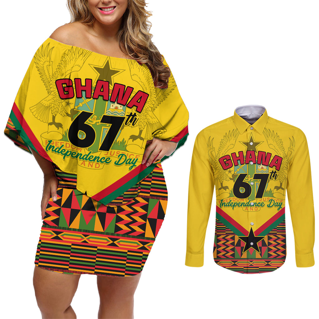 Ghana Independence Day Couples Matching Off Shoulder Short Dress and Long Sleeve Button Shirt Freedom and Justice African Pattern - Wonder Print Shop