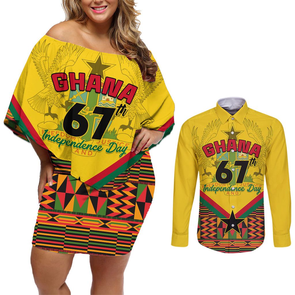 Ghana Independence Day Couples Matching Off Shoulder Short Dress and Long Sleeve Button Shirt Freedom and Justice African Pattern