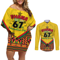 Ghana Independence Day Couples Matching Off Shoulder Short Dress and Long Sleeve Button Shirt Freedom and Justice African Pattern - Wonder Print Shop