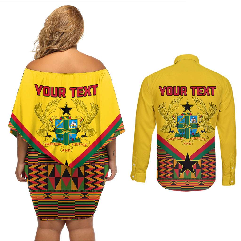 Ghana Independence Day Couples Matching Off Shoulder Short Dress and Long Sleeve Button Shirt Freedom and Justice African Pattern - Wonder Print Shop