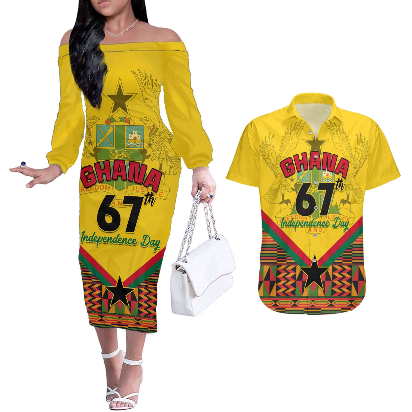 Ghana Independence Day Couples Matching Off The Shoulder Long Sleeve Dress and Hawaiian Shirt Freedom and Justice African Pattern
