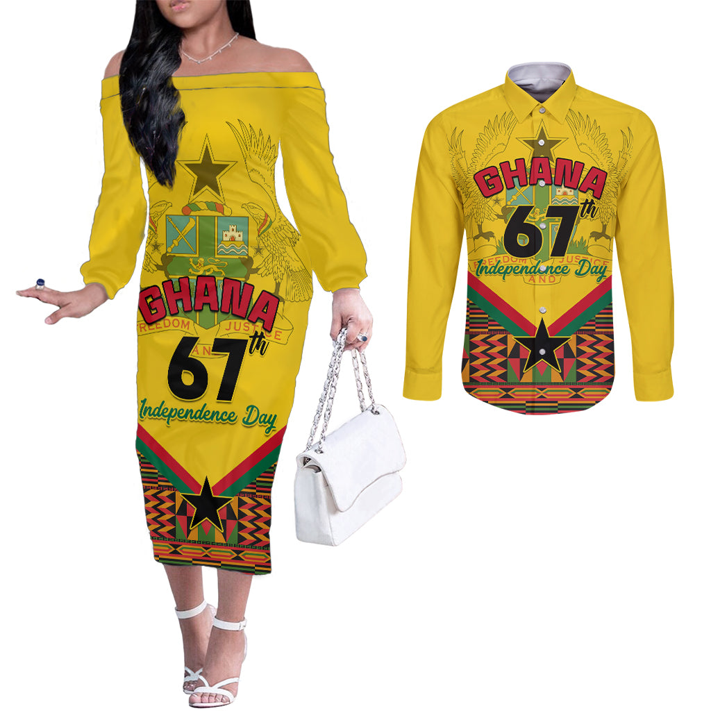 Ghana Independence Day Couples Matching Off The Shoulder Long Sleeve Dress and Long Sleeve Button Shirt Freedom and Justice African Pattern