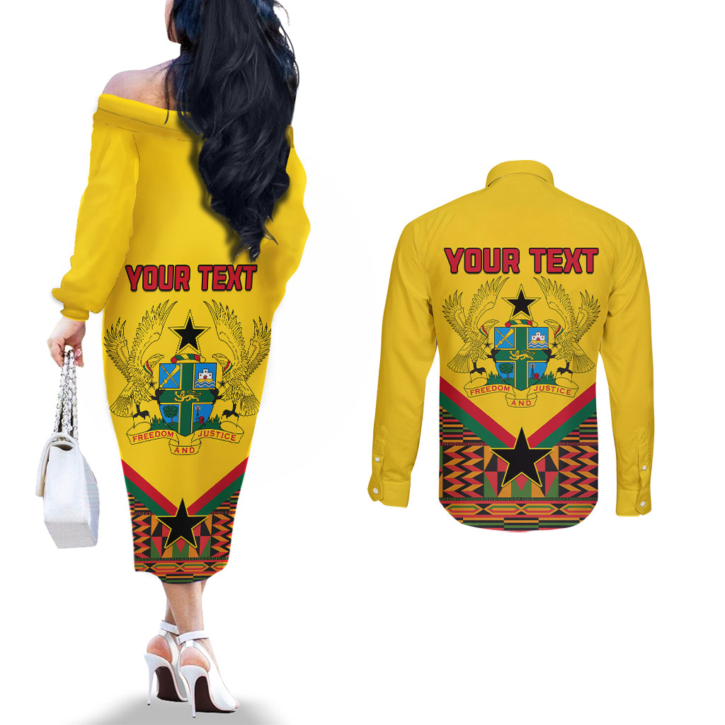 Ghana Independence Day Couples Matching Off The Shoulder Long Sleeve Dress and Long Sleeve Button Shirt Freedom and Justice African Pattern