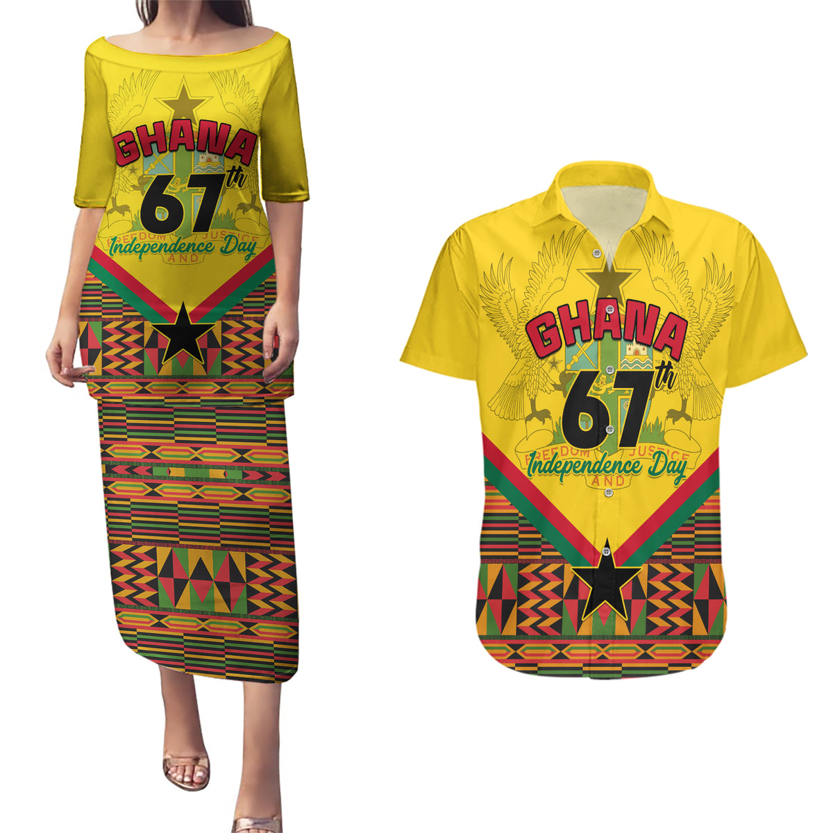 Ghana Independence Day Couples Matching Puletasi and Hawaiian Shirt Freedom and Justice African Pattern - Wonder Print Shop