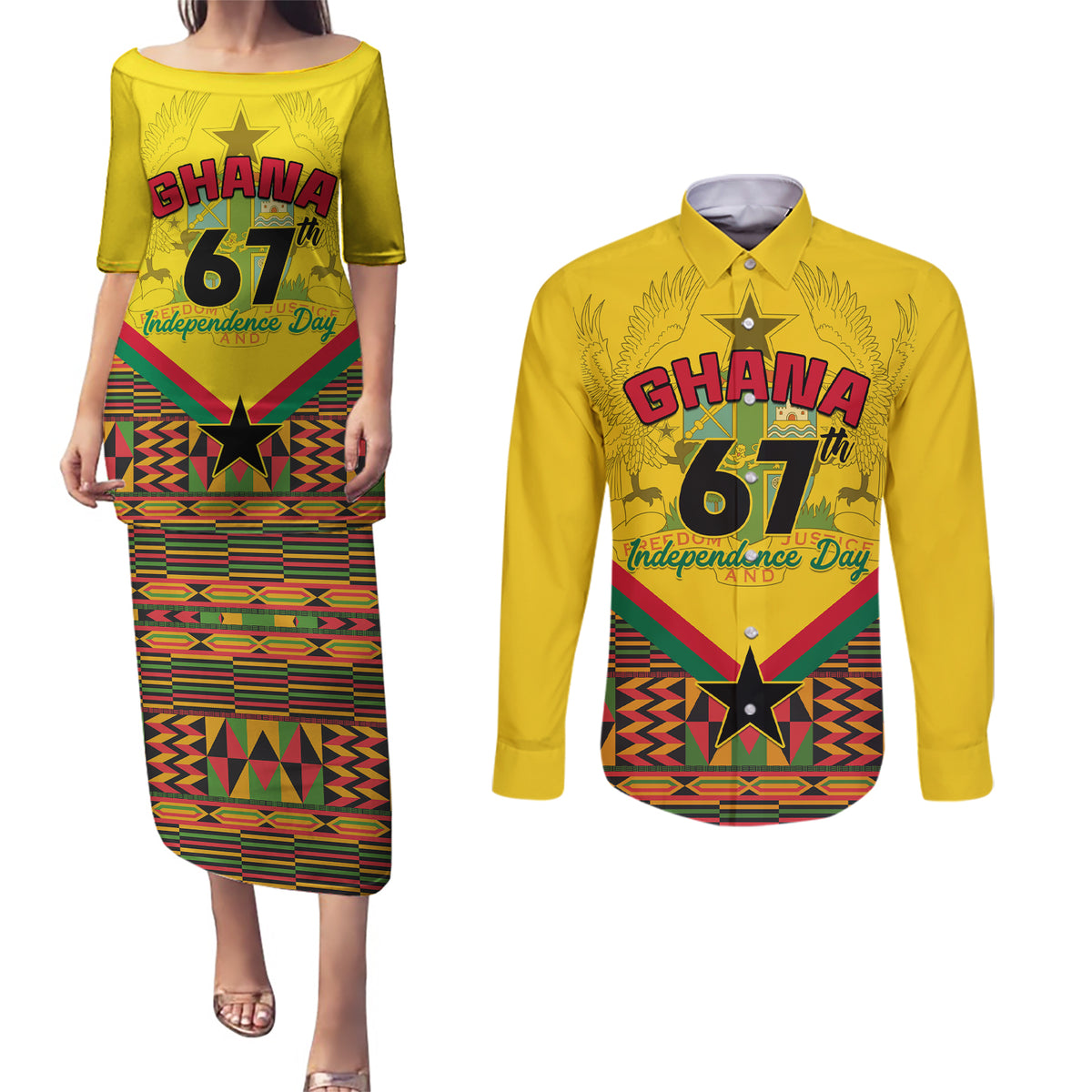Ghana Independence Day Couples Matching Puletasi and Long Sleeve Button Shirt Freedom and Justice African Pattern - Wonder Print Shop