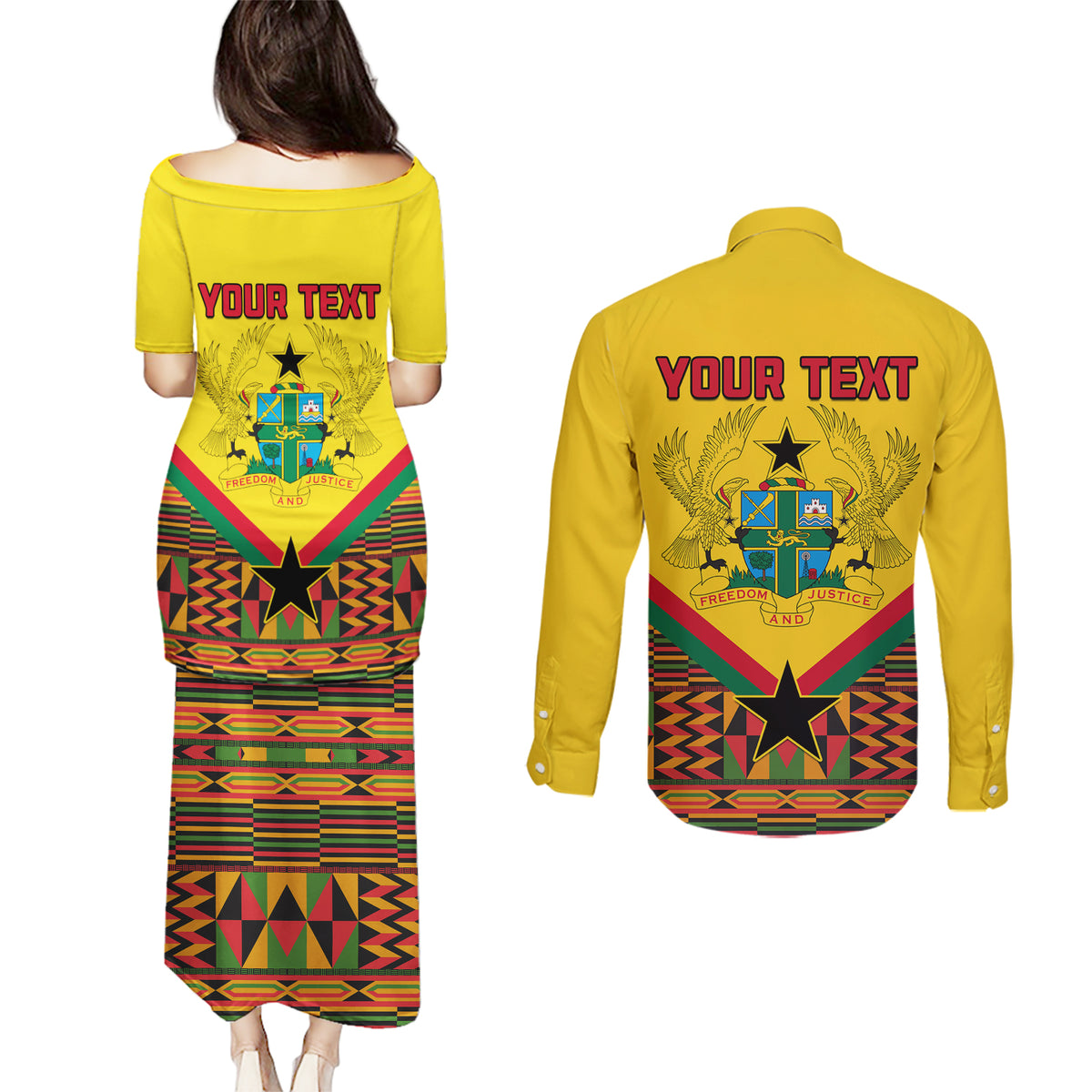 Ghana Independence Day Couples Matching Puletasi and Long Sleeve Button Shirt Freedom and Justice African Pattern - Wonder Print Shop