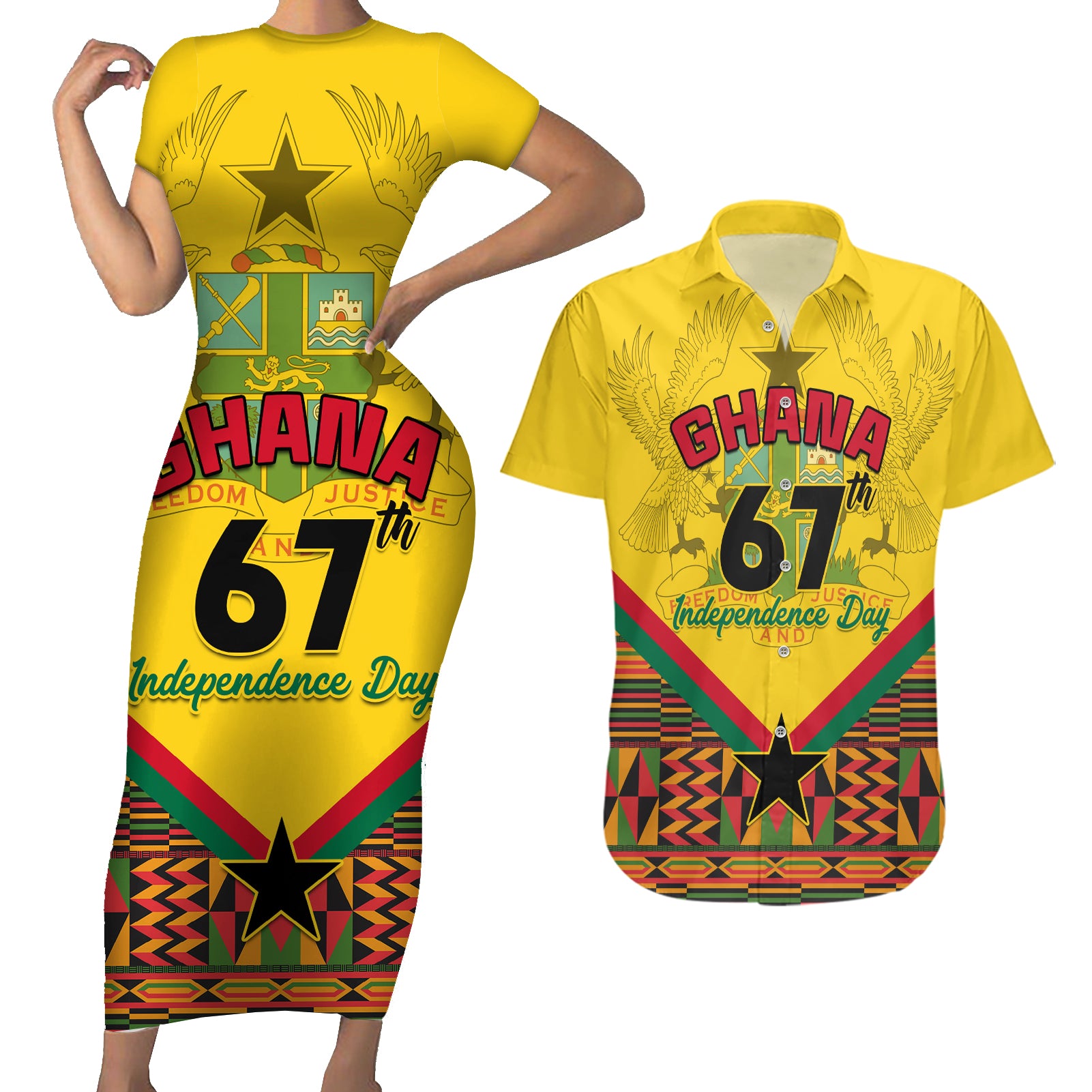 Ghana Independence Day Couples Matching Short Sleeve Bodycon Dress and Hawaiian Shirt Freedom and Justice African Pattern - Wonder Print Shop